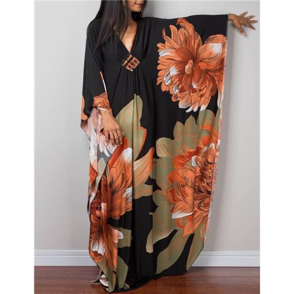 Women Ethnic Print Kaftan Beach Dress Plus Size Swimsuit Cover Up - Picture 4 of 5
